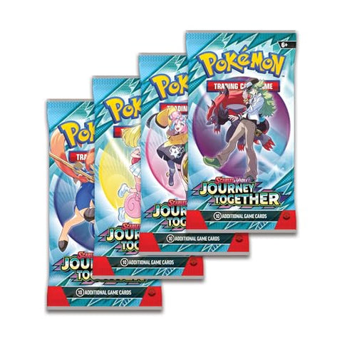 Set of four Pokemon TCG: Scarlet & Violet—Journey Together booster packs, each showcasing unique artwork of trainers and Pokémon.