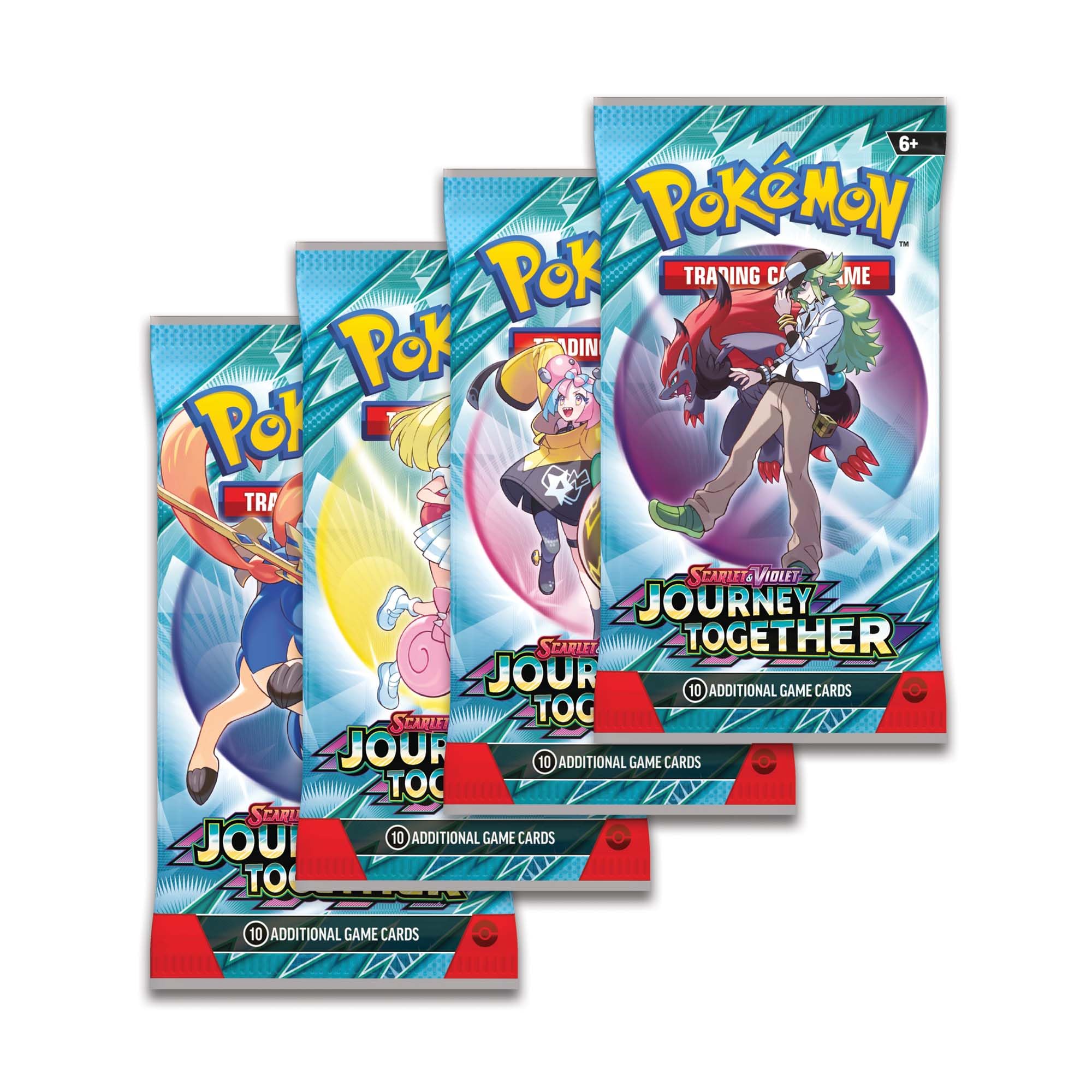 Four Pokemon TCG: Scarlet & Violet—Journey Together booster packs with dynamic illustrations of trainers and Pokémon for collectors and players.