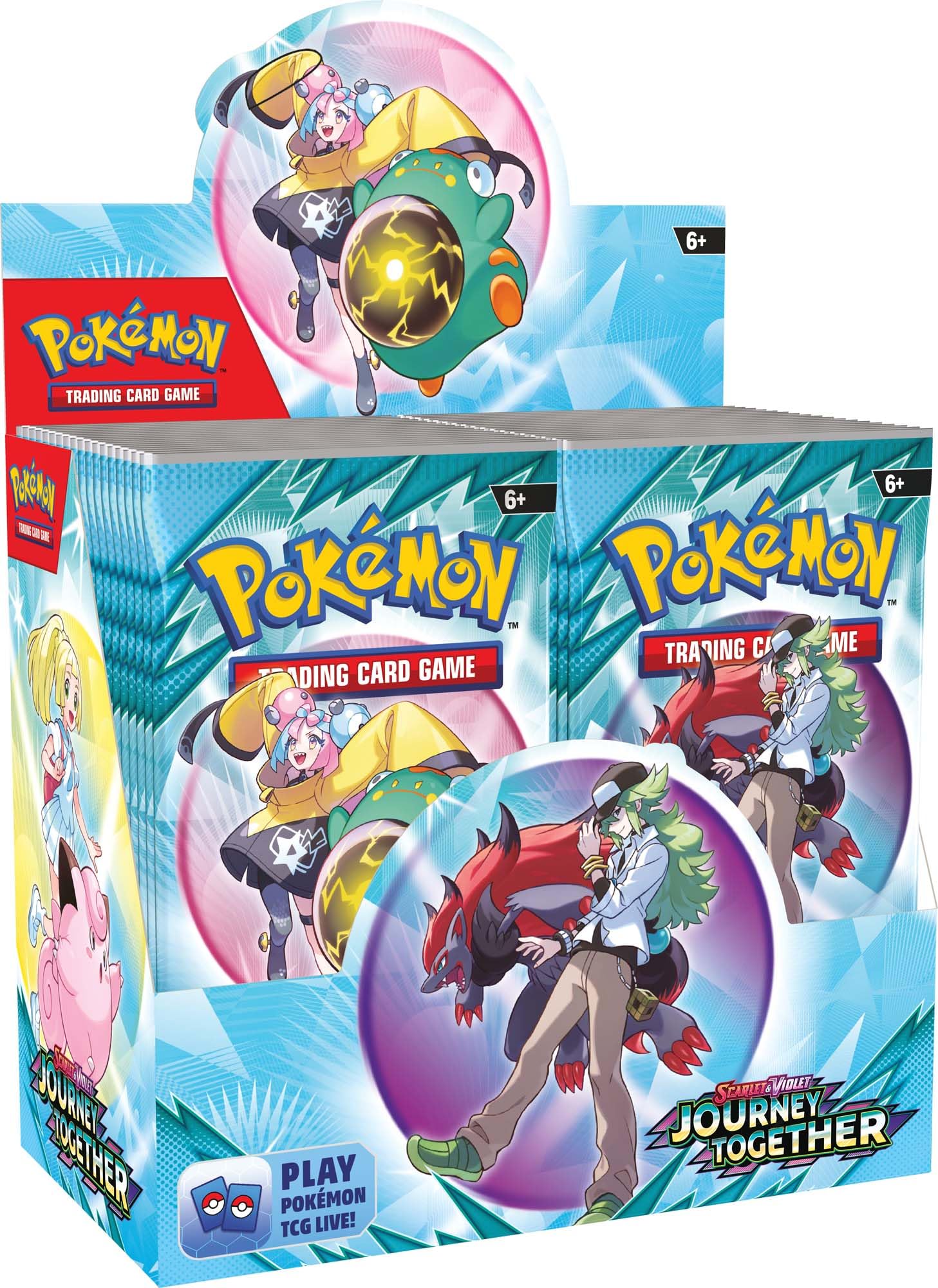 Pokemon TCG: Scarlet & Violet—Journey Together Enhanced Booster Display Box with 36 packs featuring vibrant artwork of trainers and Pokémon.